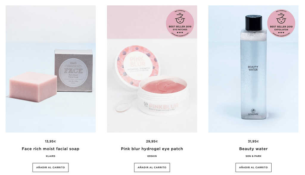 Productos de la página de Miin Cosmetics